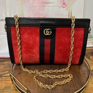 Gucci Ophidia Red Suede Black Leather Chain Med Bag